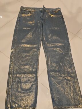 Zara Metallic Blue Straight Leg Jeans